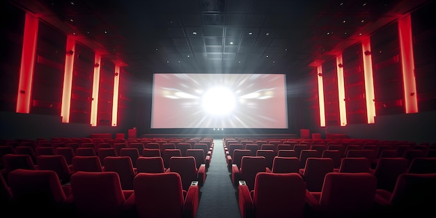 A cinema hall with red lights and a large screen that says'cinema'on it