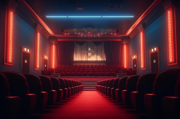 A cinema hall with red lights and a red carpet