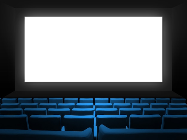 Photo cinema movie theatre with blue velvet seats and a blank white screen. copy space background