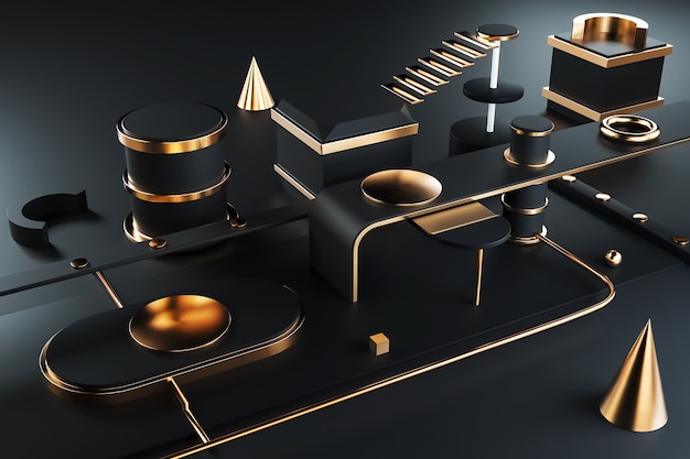 Cinema Rendering of black geometric abstract with gold lines for display mockup