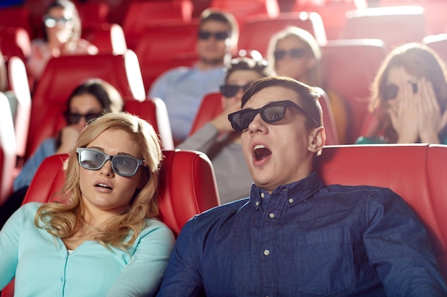 cinema, technology, entertainment and people concept - friends with 3d glasses watching horror or thriller movie in theater