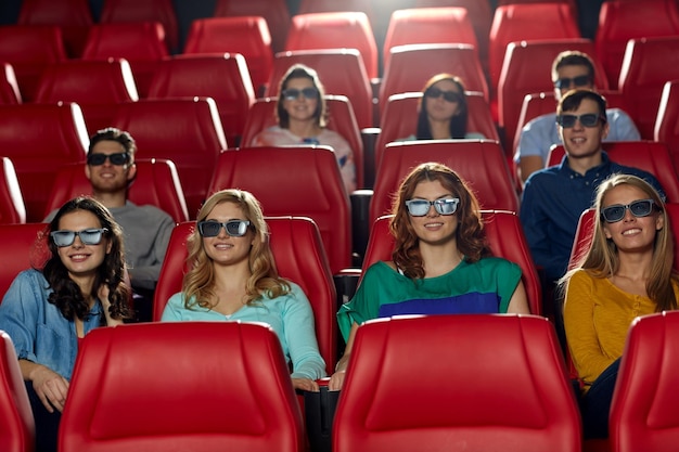 cinema, technology, entertainment and people concept - happy friends with 3d glasses watching movie in theater