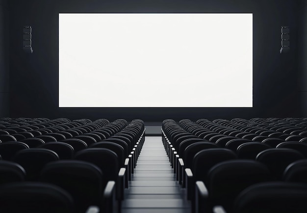 Photo cinema with black chairs and blank white screen