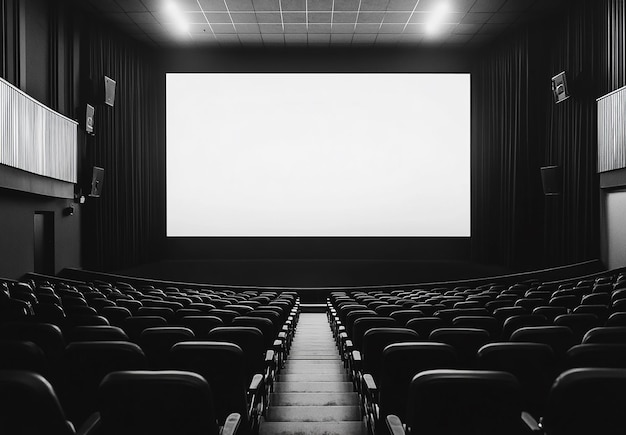 Cinema with black chairs and blank white screen