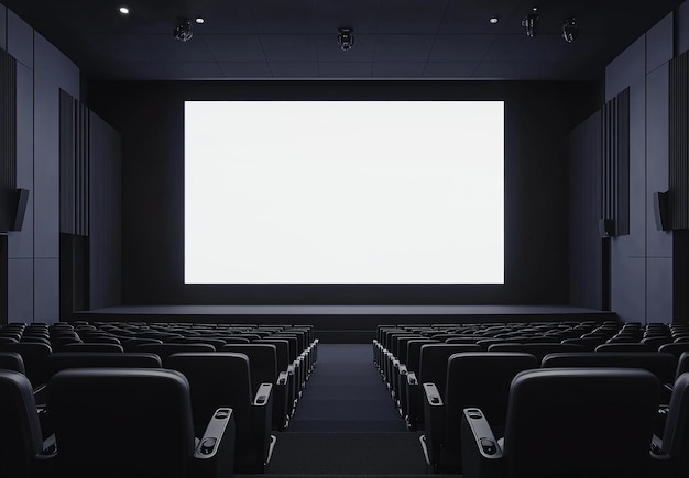 Cinema with black chairs and blank white screen