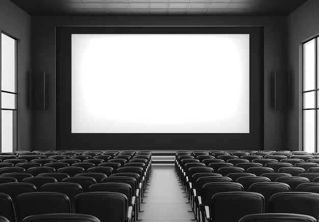 Photo cinema with black chairs and blank white screen