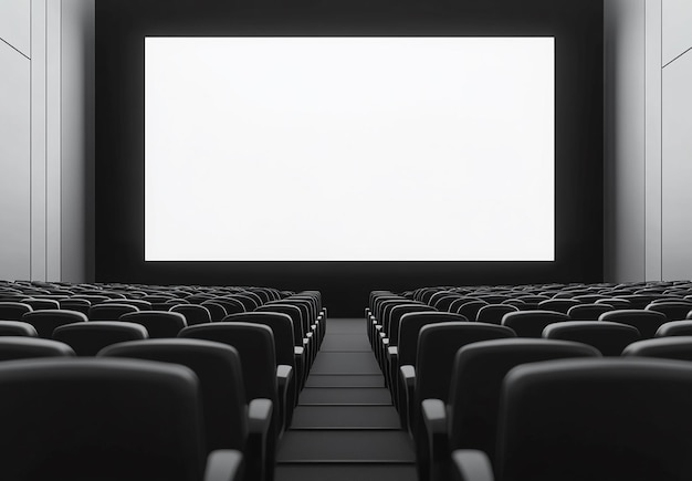 Photo cinema with black chairs and blank white screen