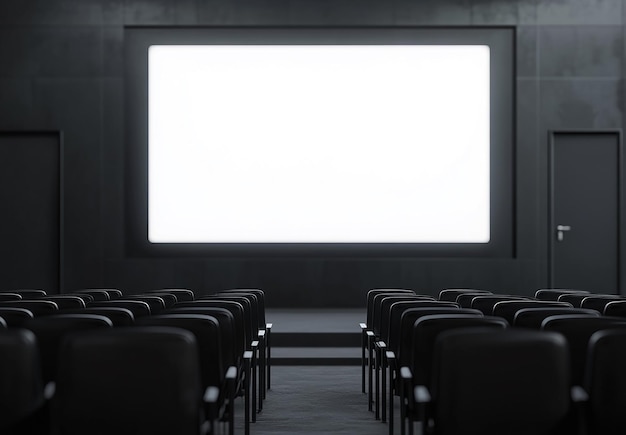 Cinema with black chairs and blank white screen