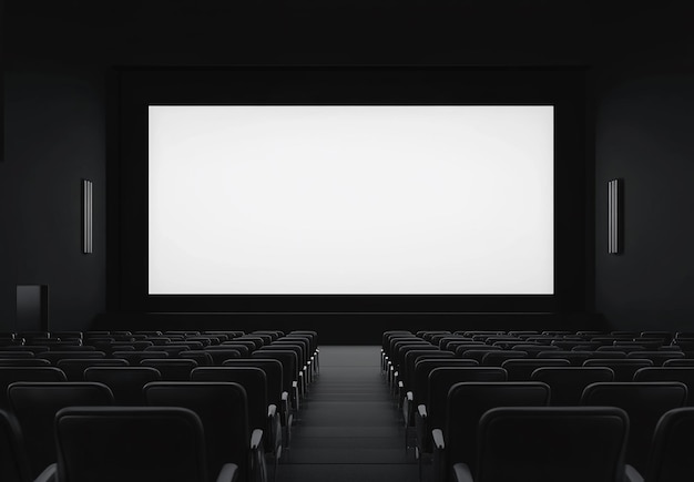 Cinema with black chairs and blank white screen