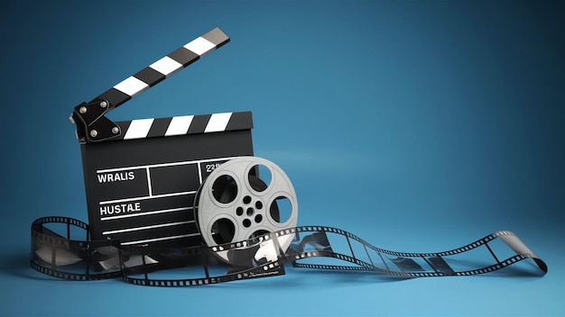 Photo cinematic 3d film strip and reel on blue background