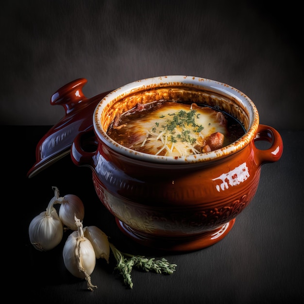 A cinematic closeup shot of a bowl of hearty and colorful minestrone soup