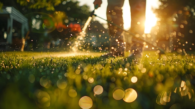 Photo cinematic closeup shot of gardener watering lawn with sprinkler system droplets visible in sunlight