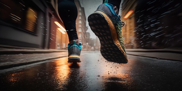 Cinematic closeup shot of a runner's feet on a modern street Generated By AI