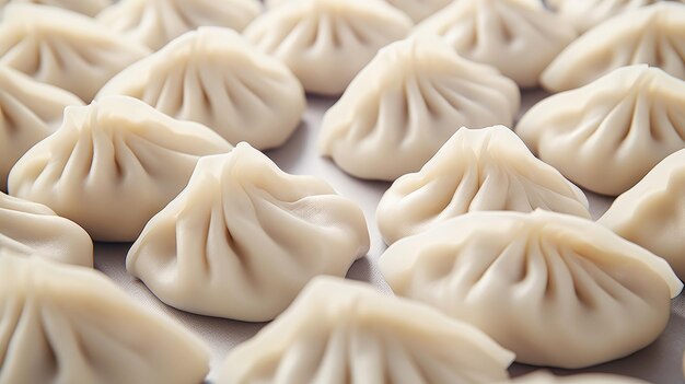 A cinematic closeup of a variety of dumplings placed on a clean white surface Generative AI