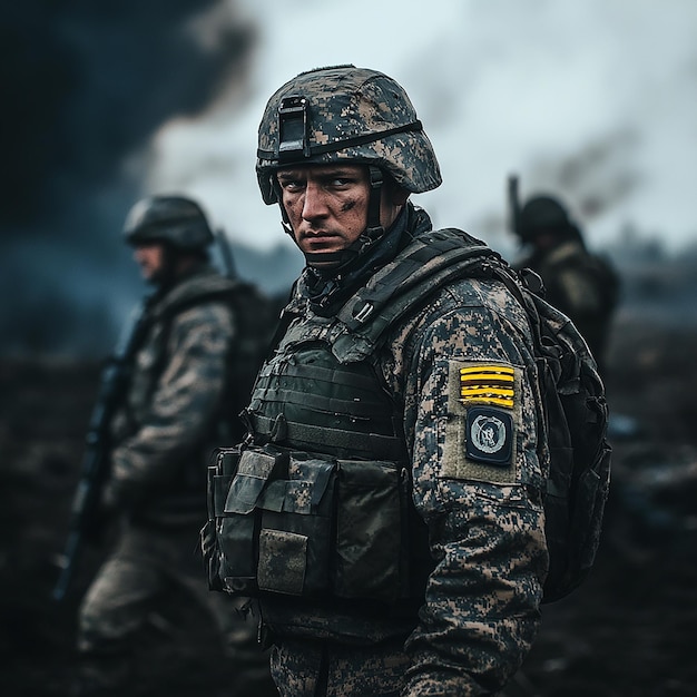 Cinematic Depiction of War in Ukraine with Ukrainian Soldiers Intense Battlefield Scene