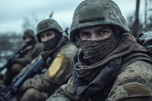 Photo cinematic depiction of war in ukraine with ukrainian soldiers intense battlefield scene