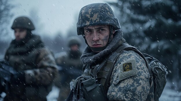 Photo cinematic depiction of war in ukraine with ukrainian soldiers intense battlefield scene