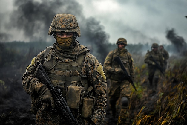 Cinematic Depiction of War in Ukraine with Ukrainian Soldiers Intense Battlefield Scene