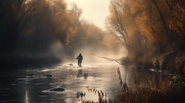 Cinematic Fall Fishing Background Fisherman Catching on Wild River