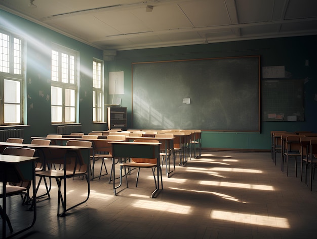 Cinematic Film Photography Modern Classrooms with Desks