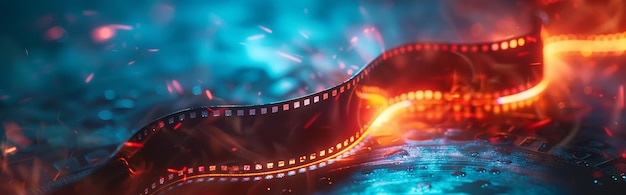 Photo cinematic film strip with vibrant sparkling lights and motion effects