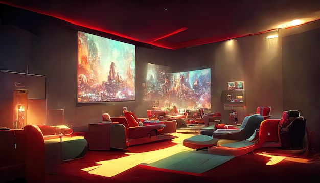 Cinematic game room in the metaverse futuristic game interior