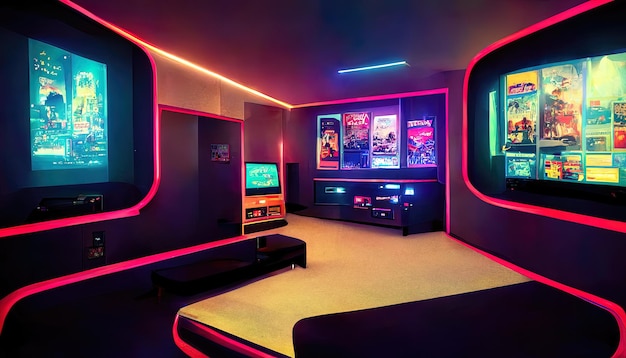 Cinematic game room in the metaverse futuristic game interior