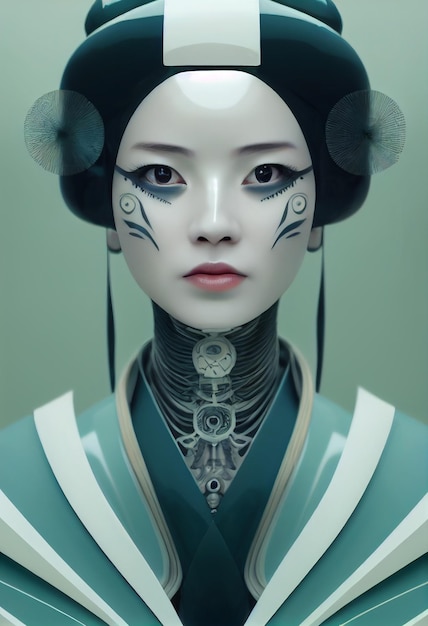 Cinematic illustration of an android robot geisha woman as cinematic and photorealistic character made out of ivory porcelain face AI Neural Network Computer Generated Art