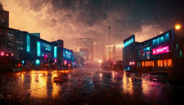 Cinematic image of neon city lights with rain and storm clouds