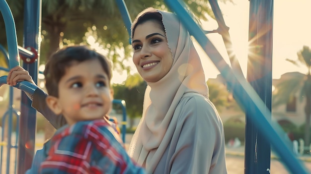 Cinematic image of a woman from the emirates with her children having fun at the pla Generative AI