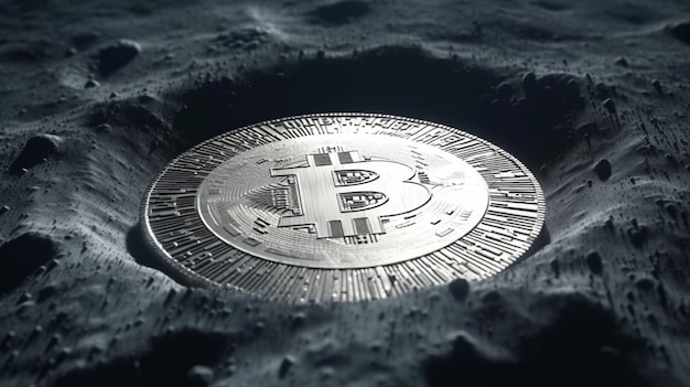 Cinematic lighting casting a captivating aura on the Bitcoin coin on the lunar surface