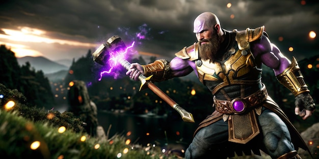 A cinematic medium shot of Kratos from the God of War series fighting Thanos from the Marvel univers