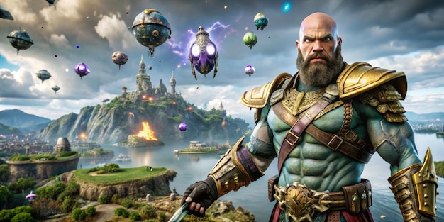 A cinematic medium shot of Kratos from the God of War series fighting Thanos from the Marvel univers