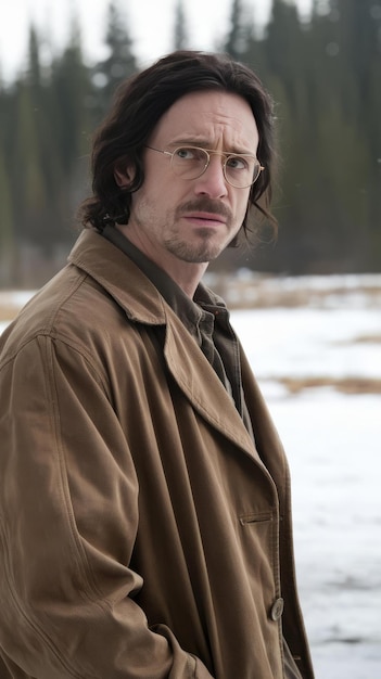 Photo a cinematic medium shot of a man with long dark hair wearing a brown coat