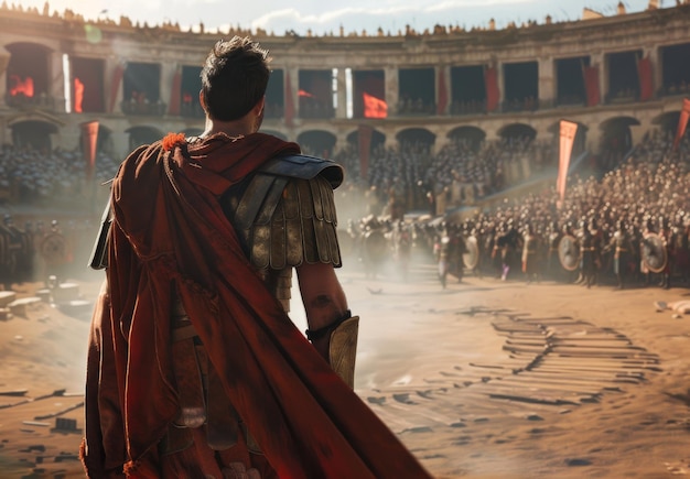 Photo cinematic movie still of an attractive muscular man in gladiator armor standing on the coliseum