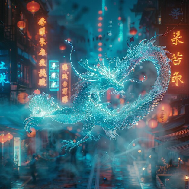 Photo cinematic neon dragon in futuristic cityscape with energy sparks