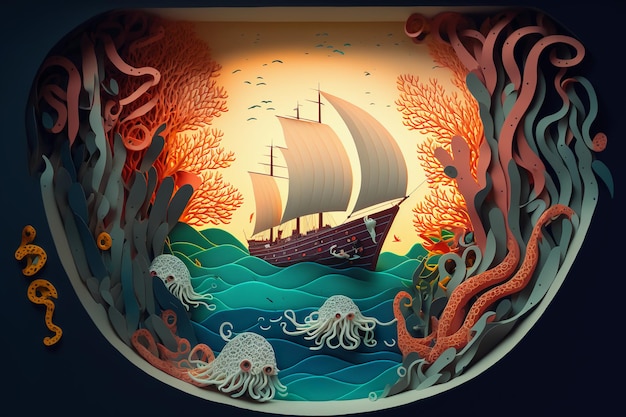 Cinematic paper cut art paper illustration boat