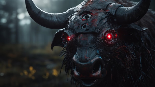 Cinematic Photo Of A Buffalo Robot With Red Eye