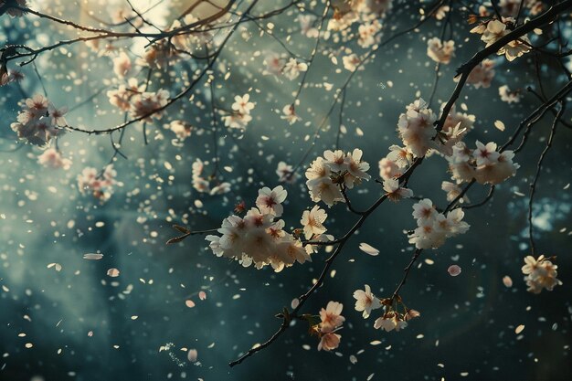 Cinematic photo of cherry blossoms blowing in the wind