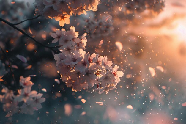 Cinematic photo of cherry blossoms blowing in the wind