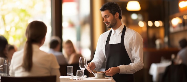 Cinematic photo of a handsome male waiter in an apron smiling while serving guests at a luxury restaurant