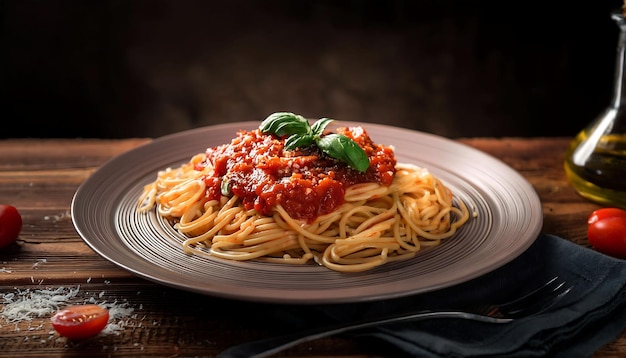 Cinematic photo of spaghetti with meatballs Pasta dishes featuring spaghetti and linguine with delicious pesto sauce