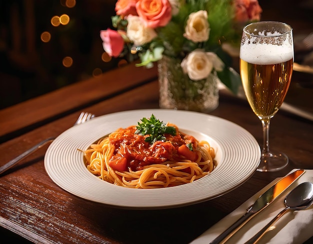 Cinematic photo of spaghetti with meatballs Pasta dishes featuring spaghetti and linguine with delicious pesto sauce