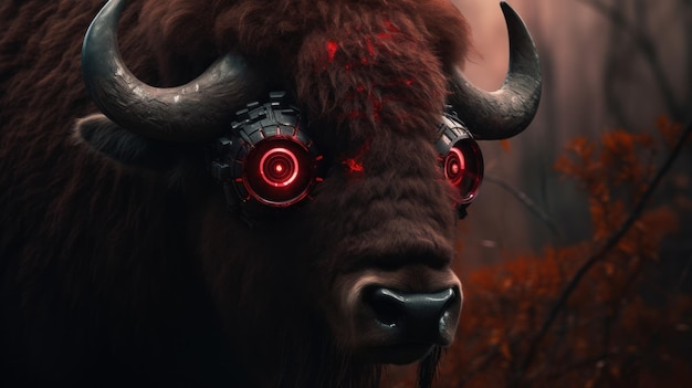 Cinematic Photo Of A Surreal Bison Robot With Red Eye