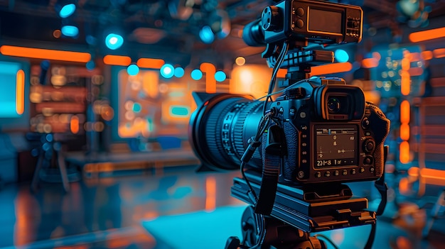 Photo cinematic photo of a video camera in the foreground with a television studio set visible in the back