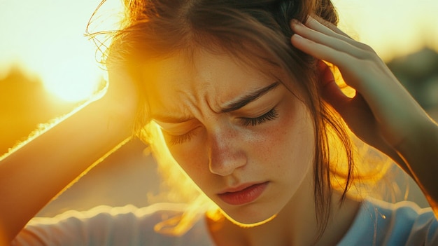 Photo cinematic photo of a young woman suffering from her headache