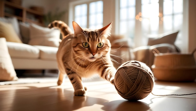 A cinematic photograph of a curious domestic cat with shimmering fur in warm beige and golden hues