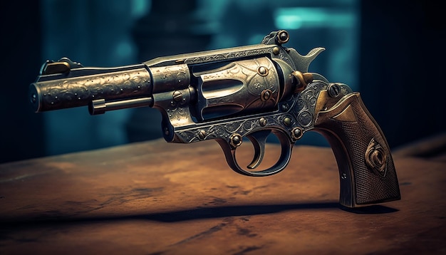 Cinematic photography of a revolver back in time with Generative AI technology