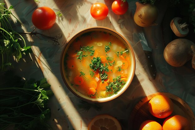 Photo cinematic photography of vegetable soup with artistic touch