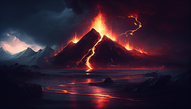 Cinematic picture of a volcano with a dark sky and lightning